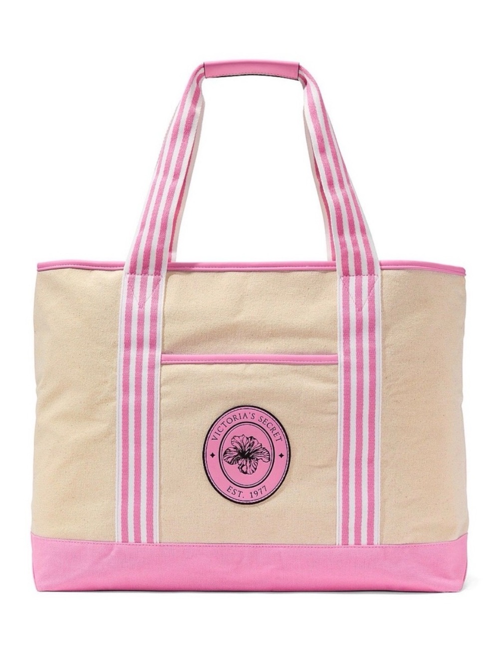 Victoria's Secret Cream Canvas Tote with Pink Trim and Striped Handles